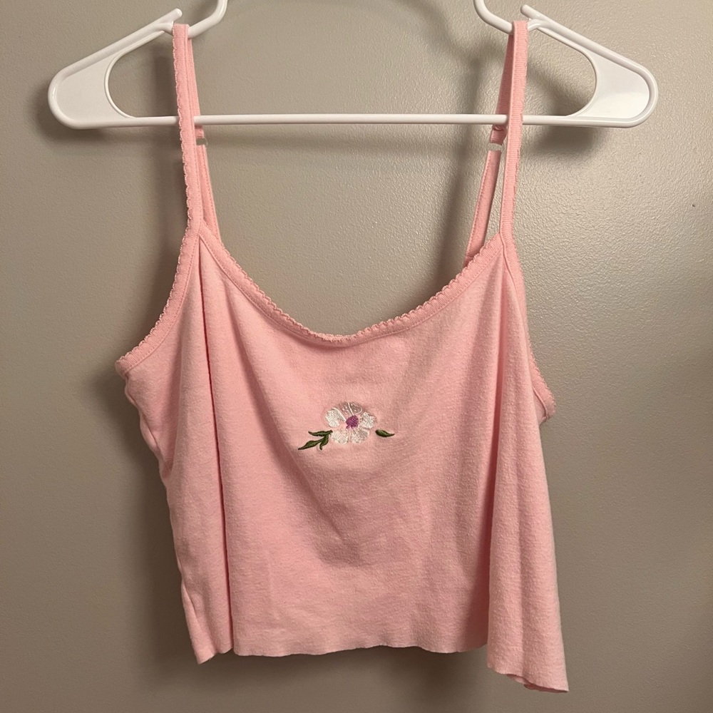 Pink embroidered cropped tank top